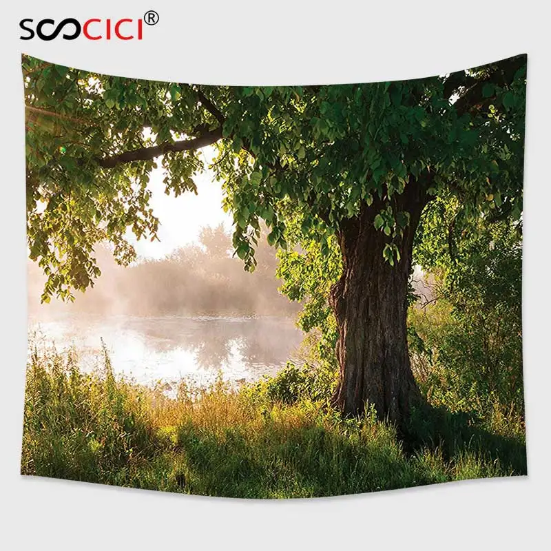 

Настенный Гобелен Cutom, украшение с изображением лесного дерева и дуба, пейзаж, туманный пейзаж и картина потоком, аксессуары для рисования, зеленый, коричневый, белый