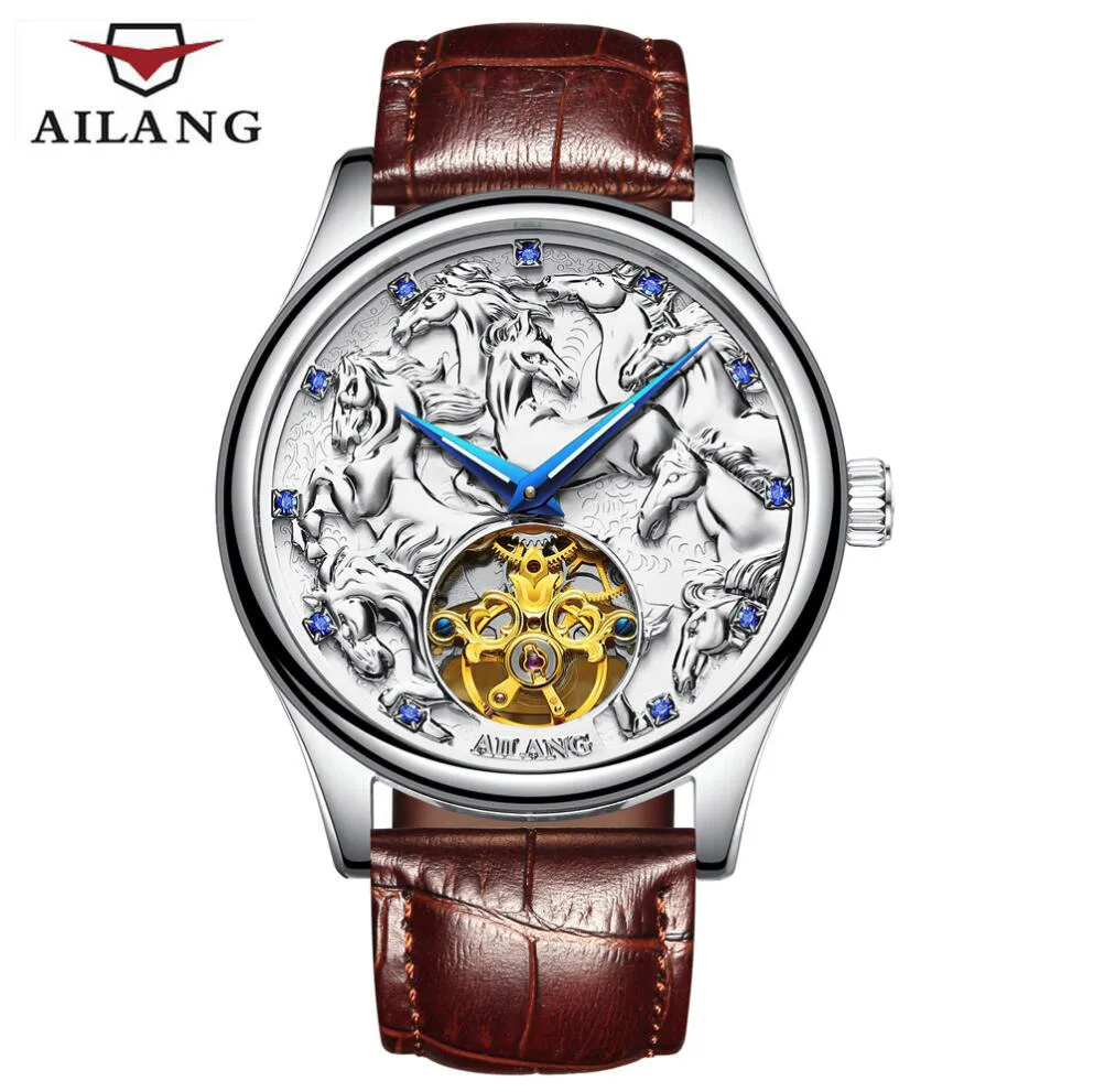 Лошадь узор tourbillon Классический для мужчин деловые часы деловые водонепроницаемые часы Элитный бренд пояса из натуральной кожи автоматические часы