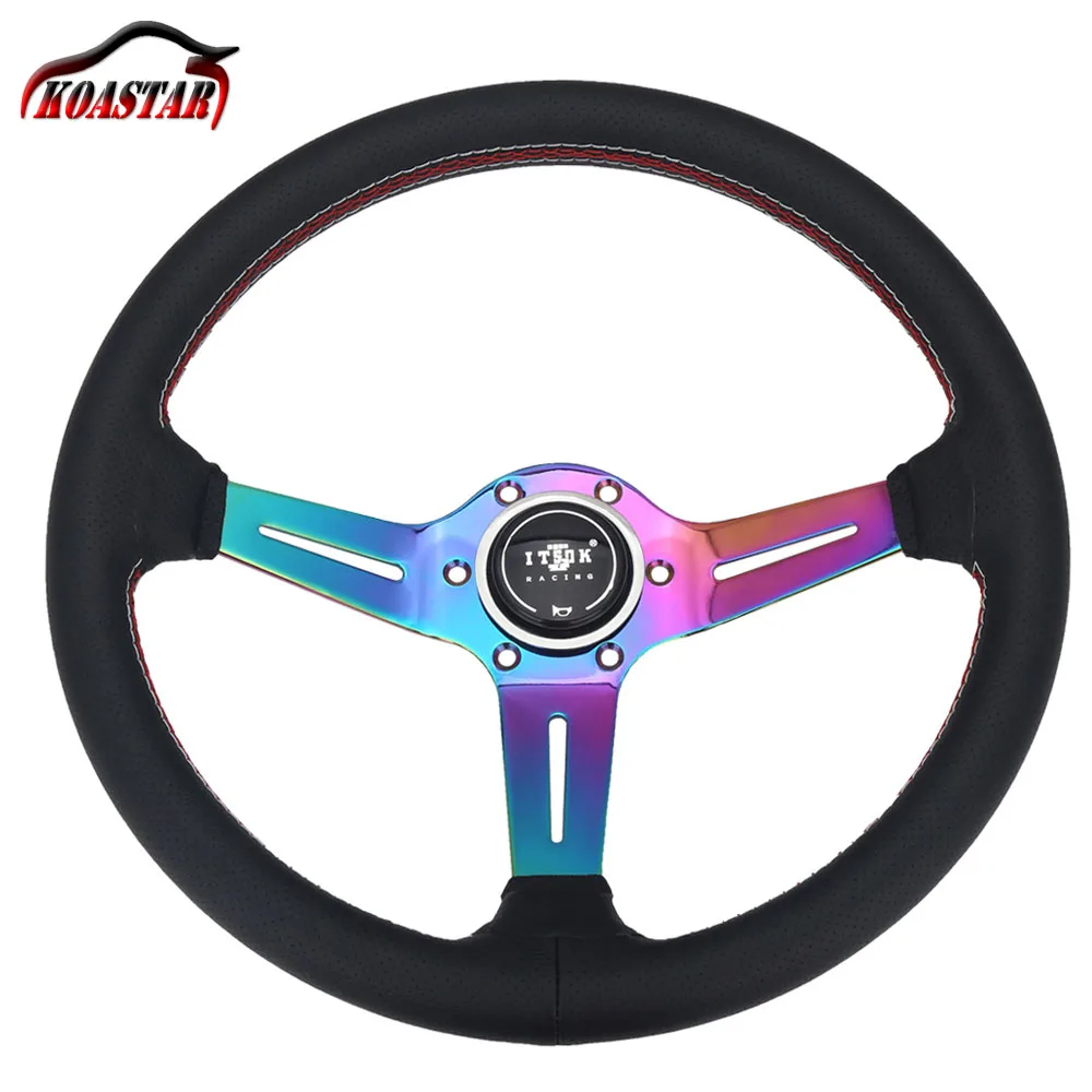 Titanium Blue ITSOK 350 мм 1" дюймов Кожа Deep Кукуруза руль черный алюминиевые титановые синий neohome говорил Универсальный - Цвет: Titanium Blue
