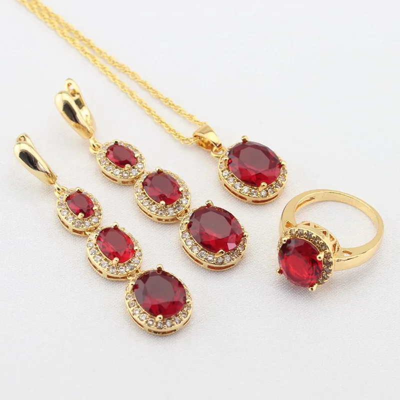 

WPAITKYS Women Gold Color Jewelry Sets Red Created Garnet White CZ Long Earrings/Necklace Pendant Rings Free Gift Box