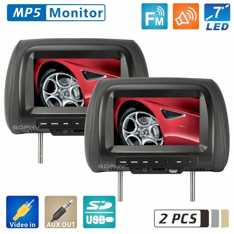 

2pcs Factory Direct Sales 7 inch Car Headrest Monitor 800*RGB*480 Auto Monitor Support 2 Video inputs AV Function SH7038