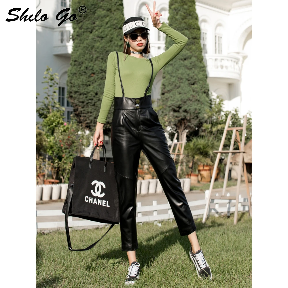 Уличная кожа Комбинезоны женские повседневные ремень Высокая талия Овчина