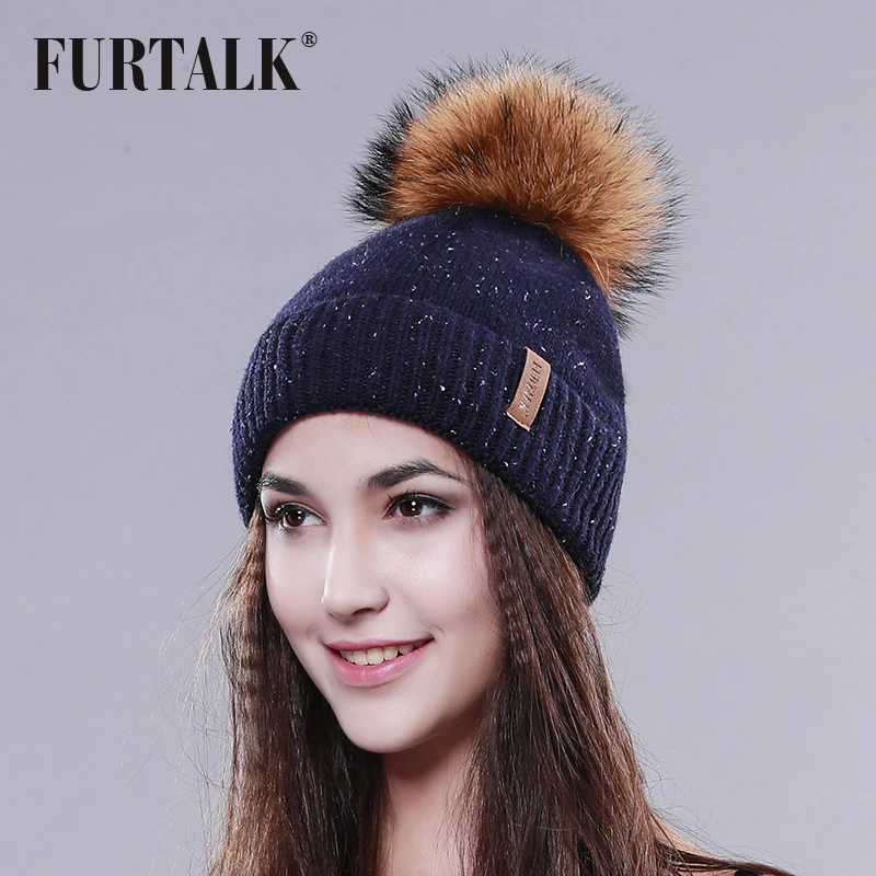 

FURTALK теплая зимняя женская шапка с меховым помпоном вязаная шерстяная шапка шапочка Женская зимняя шапка для женщин
