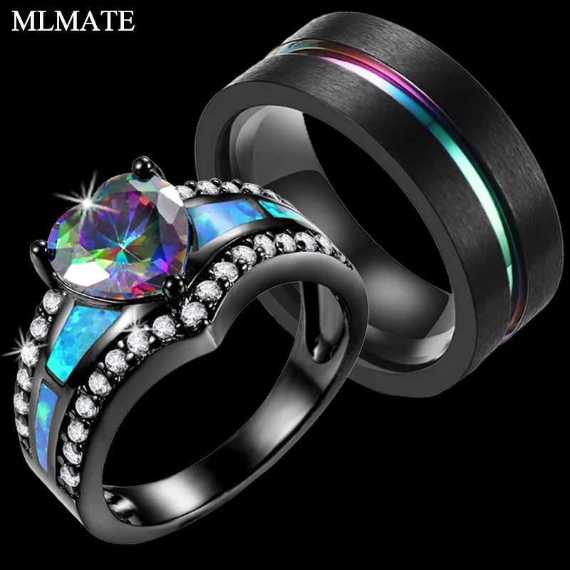 Женское и мужское кольцо в форме сердца с разноцветным синим белым черным