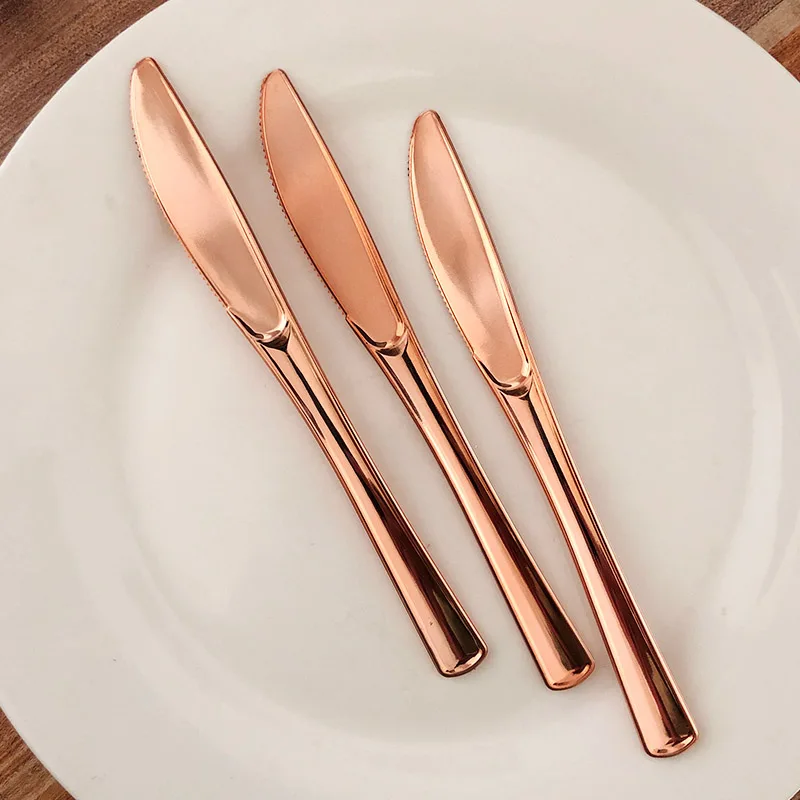 Rose gold knife Сверхмощный розовое золото одноразовая посуда, наборы Пластмассовые столовые приборы одноразовые вилки/ножи/ложки для свадьбы и праздника поставки - Цвет: Rose gold knife