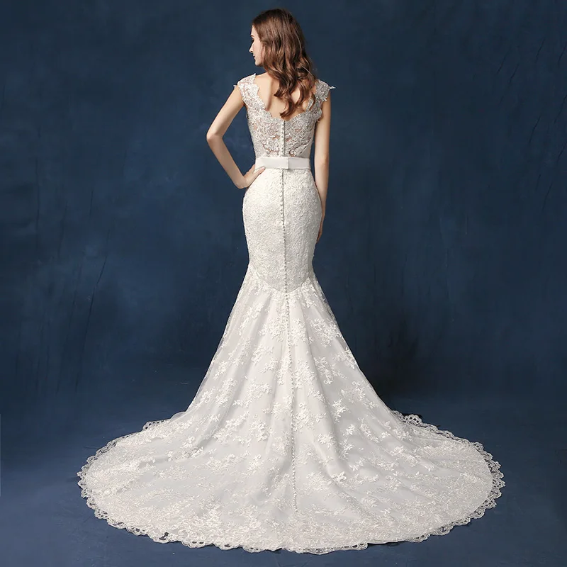 Длинные платья невесты Longo Vestido De Noiva Кружева Русалка Прополка платье расшитое блестками жемчугом белое с круглым вырезом спинки Robe De Mariee SLW080