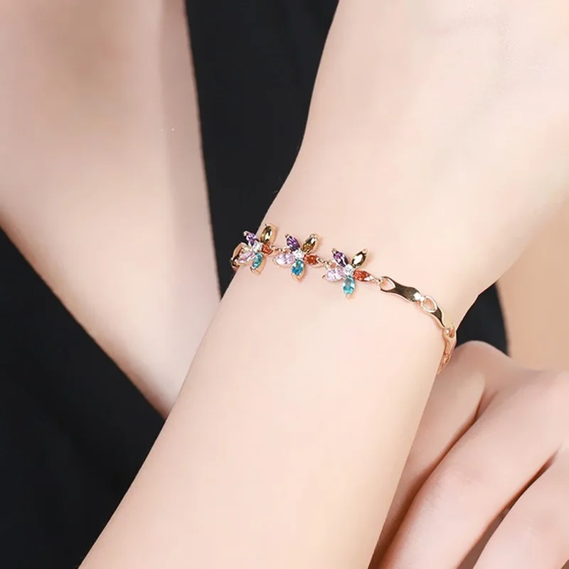 

OMHXFC Wholesale European Fashion Woman Girl Lady Party Birthday Wedding Gift Colorful Flower AAA Zircon 18KT Gold Bracelet ES08
