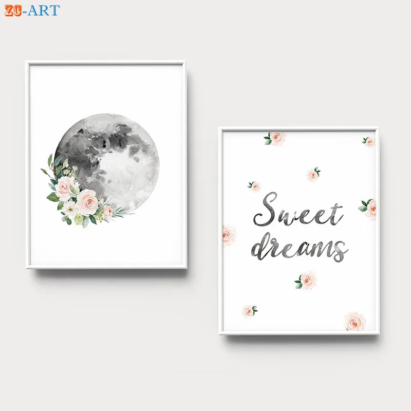 Постер на холсте с изображением Луны и цветов надписью Sweet Dreams|Рисование