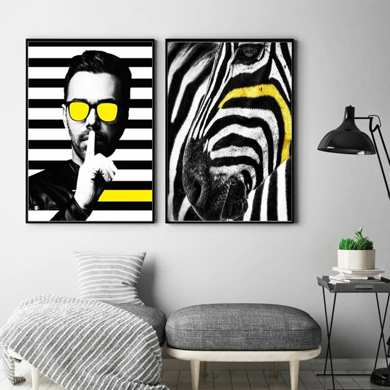 HAOCHU Triptych Chic Abstract White Black Stripe Zebra Fashion Man Figure Canvas Painting Wall Poster For Home Bar Decor | Дом и сад