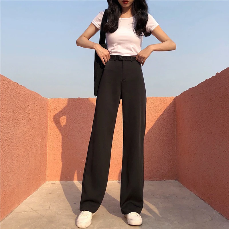 

Женские черные широкие повседневные свободные брюки-палаццо, элегантные брюки на молнии с высокой талией