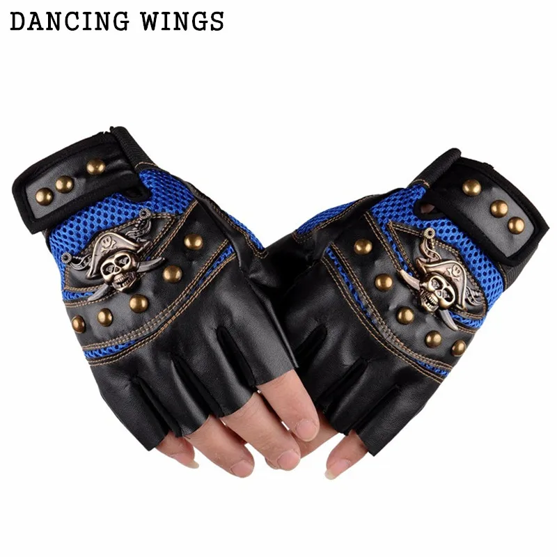 

PU Leather Skeleton Motorcycle Mens Gloves Half Fingers Pirate Skull Rivet Punk Cycling Bicycle Gloves