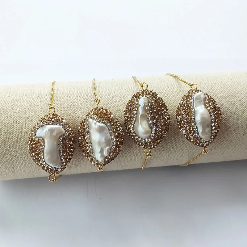 

1pcs Pave Rhinestone Natural Pearl bead connector Bracelets For Women Adjustable chain bangle Fashion Jewelry Gift BG280