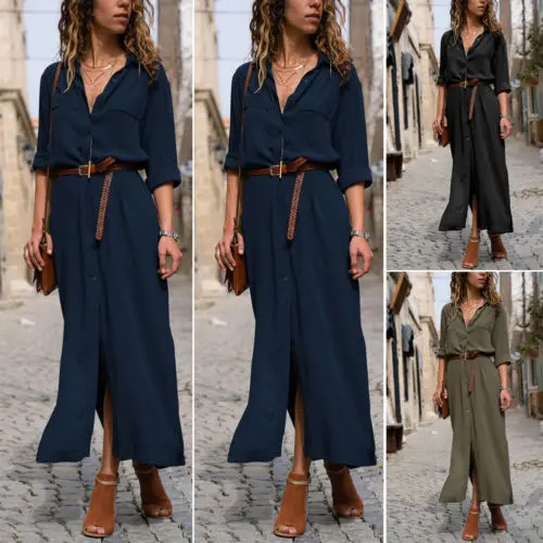 Мода Boho женское платье с длинным рукавом летние кнопки ремень галстук сплошной
