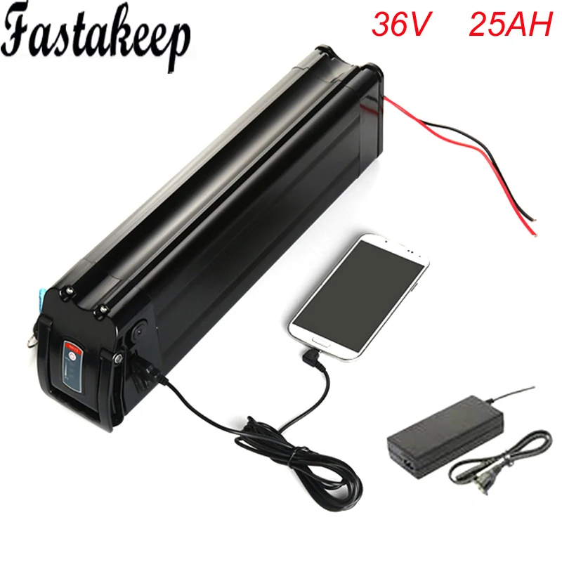 Без налогов 36V 25AH серебряные рыбы литий Батарея 36V 1000 w, фара для электровелосипеда в Батарея с зарядным устройством USB Порты и разъёмы