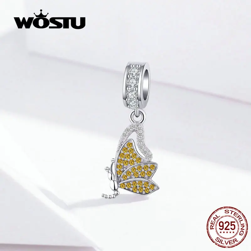WOSTU декоративные бабочки болтаются Шарм 925 стерлингового серебра желтый циркон