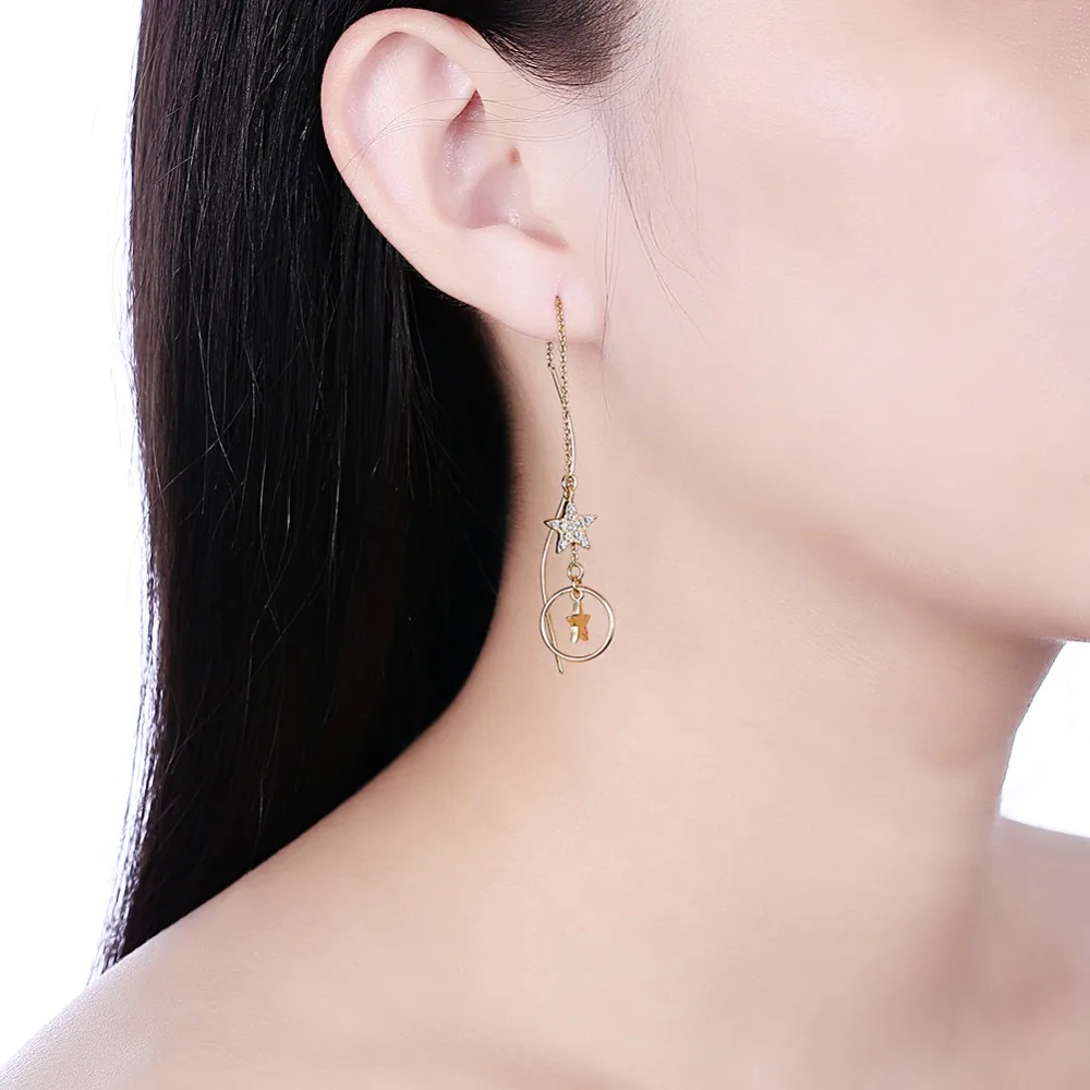 Женские асимметричные серьги с кристаллами Swarovski круглые длинной цепочкой в