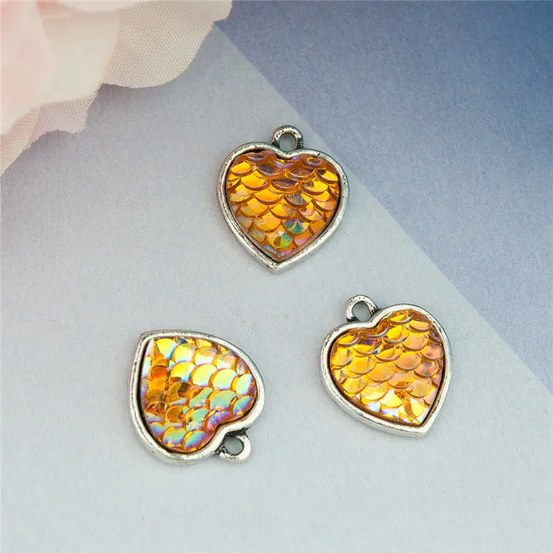DoreenBeads Drusy Серебрянные украшения в античном стиле подвеска в виде сердца многоцветный рыбы/чешуя дракона 16 мм x 14 мм(5/" x 4/8") 10 шт