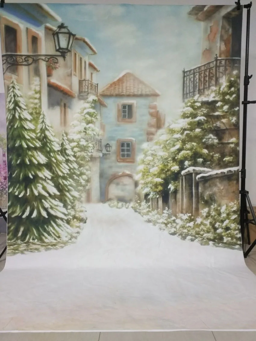Виниловый фон для фотосъемки с изображением зима старинный дом снежинки