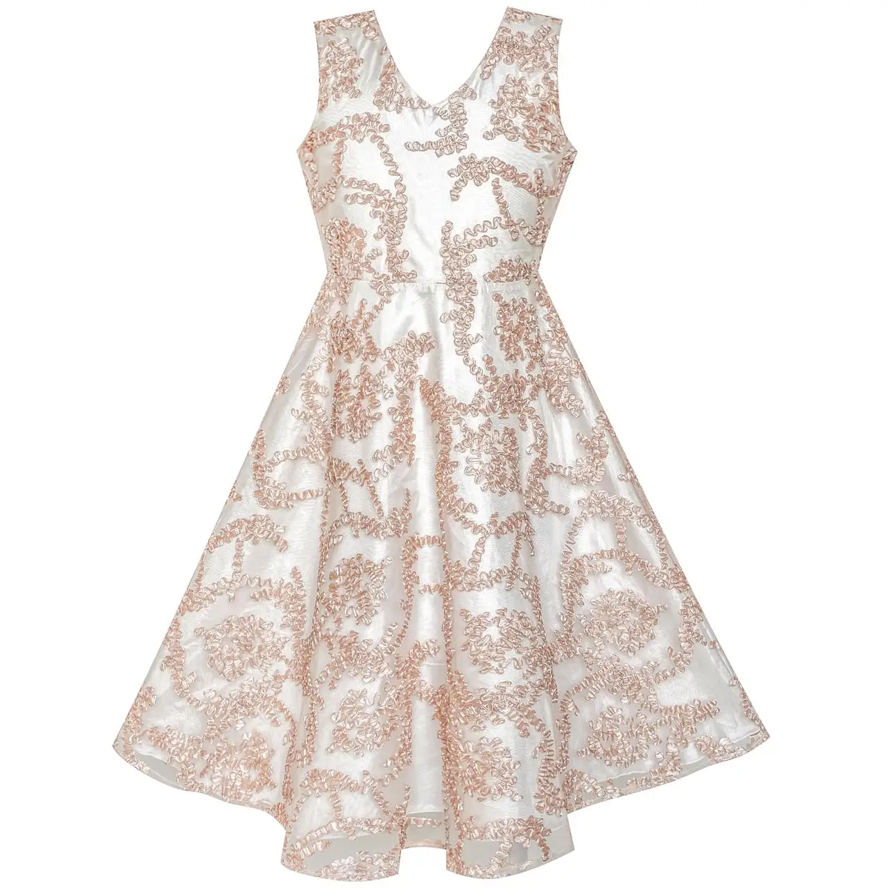 

Flower Girl Dress V neckline Embroidered Floral Champagne 2020 Summer Princess Wedding Party Dresses Kids Clothes Size 6-12