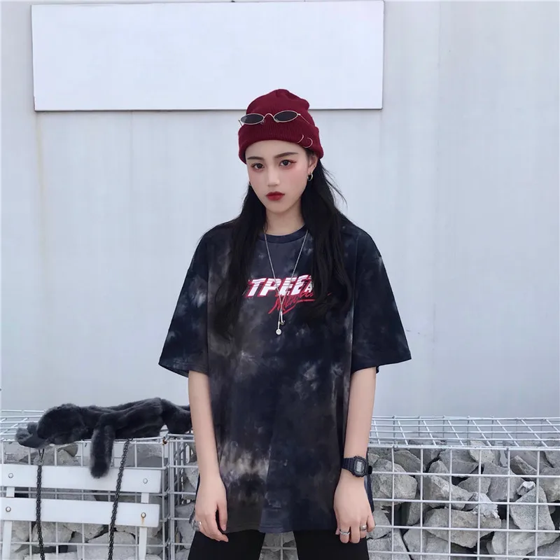 Tie Dye Gradient, большие размеры, свободные, более размера, модные, Harajuku, Женские топы с буквенным принтом, хип-хоп, короткий рукав, повседневная парная футболка
