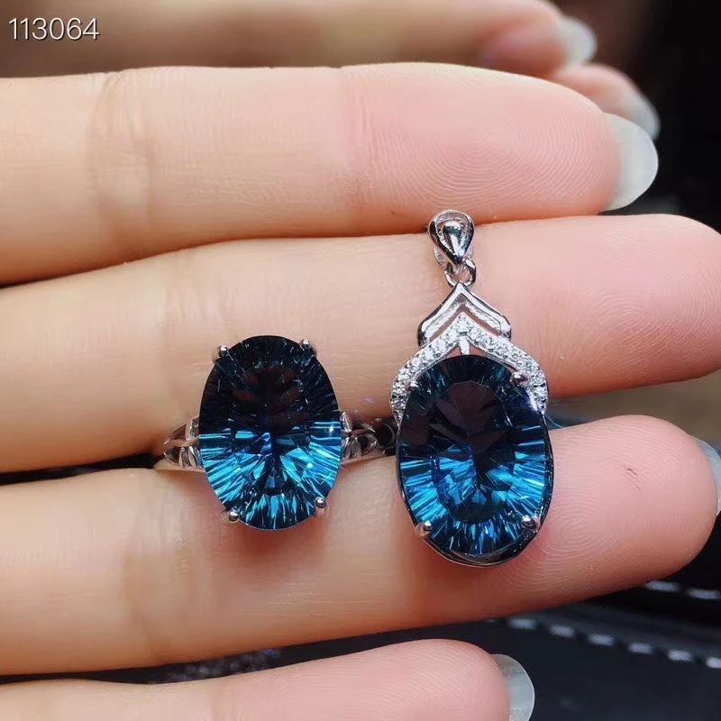 

Natural blue topaz gem S925 silver ring Pendant natural gemstone Jewelry Set Luxurious big round girl women party gift jewelry