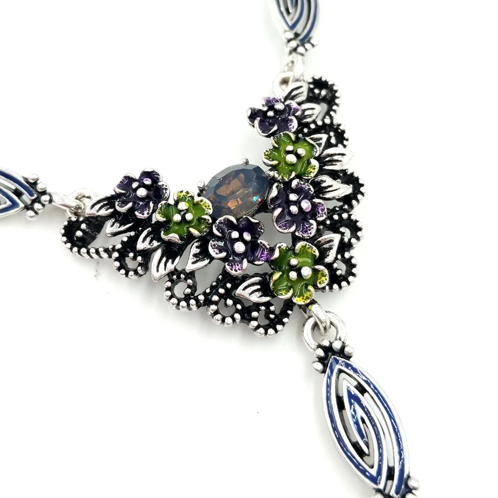 Античное ожерелье с синими цветами в стиле арт-деко серебряное цепочкой виде