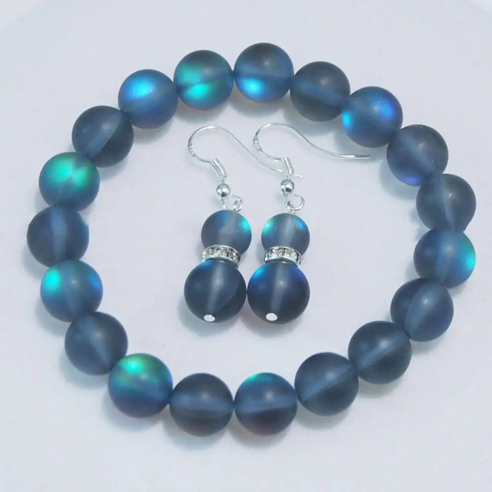 

Gray Rainbow Moonstone Round Beads Bracelet Earrings Set 7.5"10mm AAA
