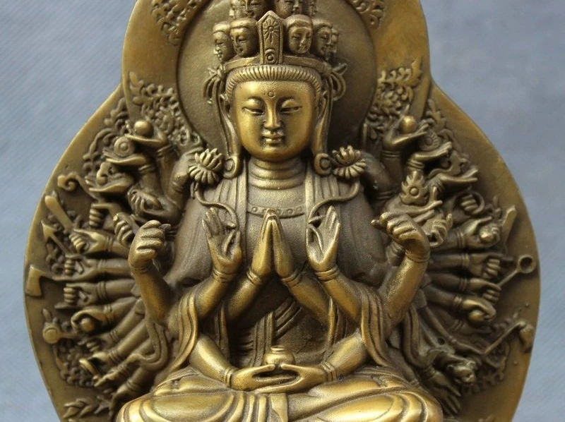 Тибетский Чисто Латунь 1000 Руки Кван-инь Гуаньинь Бодхисаттвы Богиня Статуя Будды