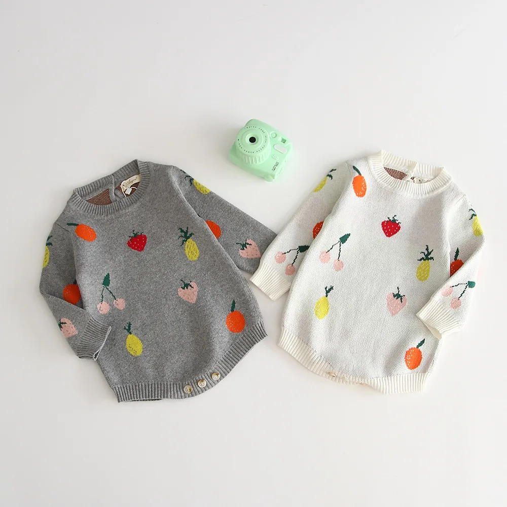 

Ins Newborn Girls Cute Fruits Print Long Sleeve Clothes Rompers Gray Beige Color Autumn Spring Cute Kids Toddler Romper