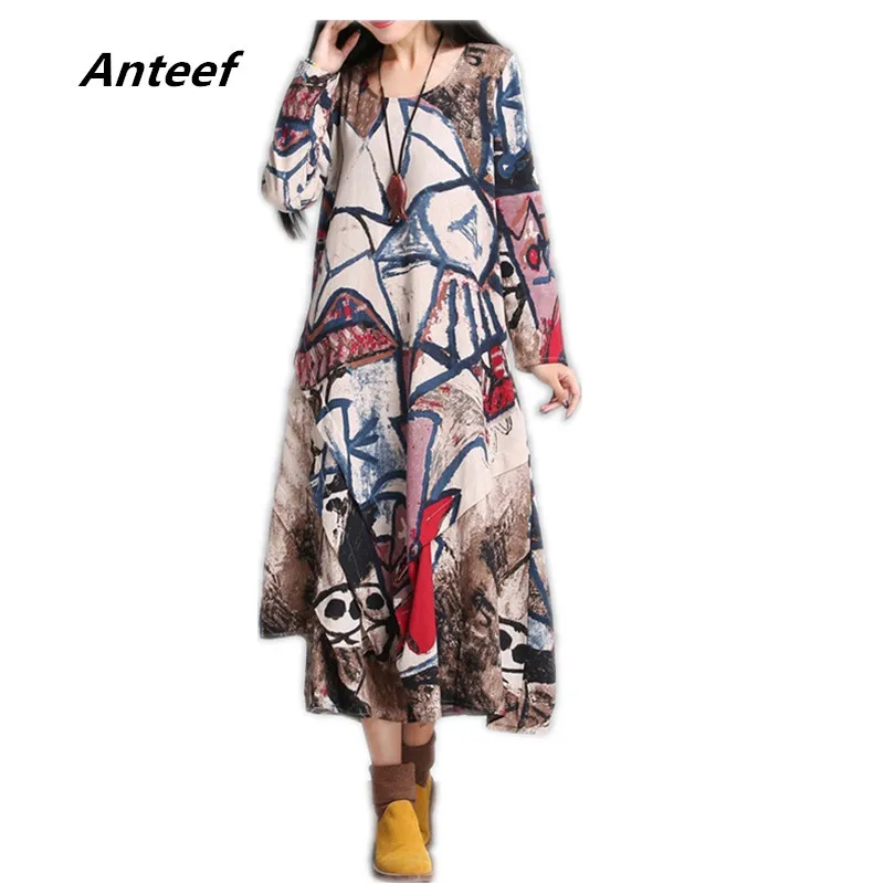 Женское платье с длинным рукавом винтажное большого размера из хлопка и льна