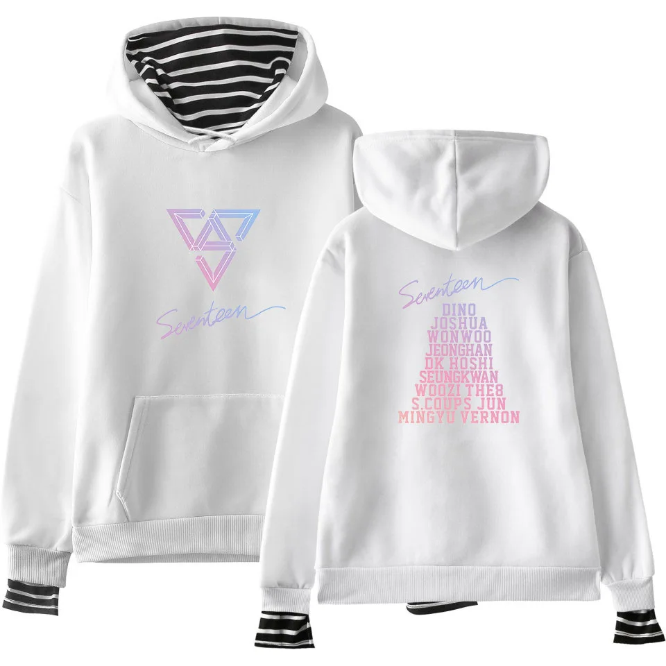 Kpop SEVENTEEN 17 harajuku полосатый воротник свободный поддельный два плюс бархатный