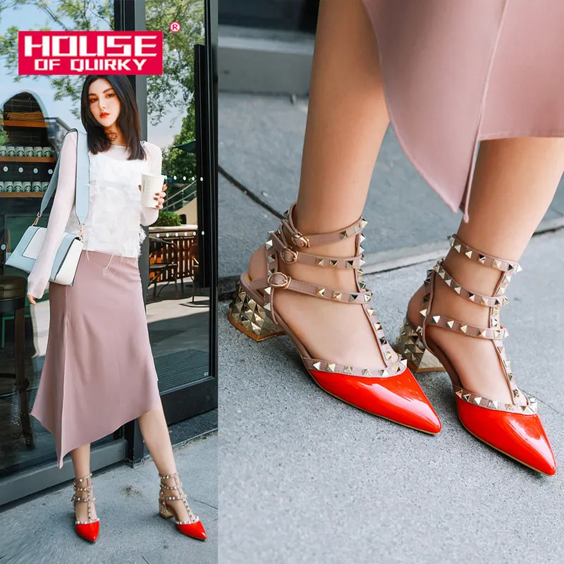 

Rivet Pointed Wedding Party Shoes for Ladies Square Heels High Heels Women Sandals Roman Pumps Women Shoes Summer Shoes Woman