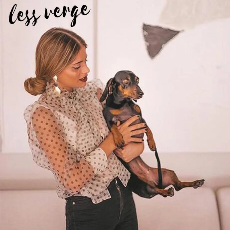 Lessverge в горошек прозрачные женские топы и блузки винтажный шифон на шнуровке