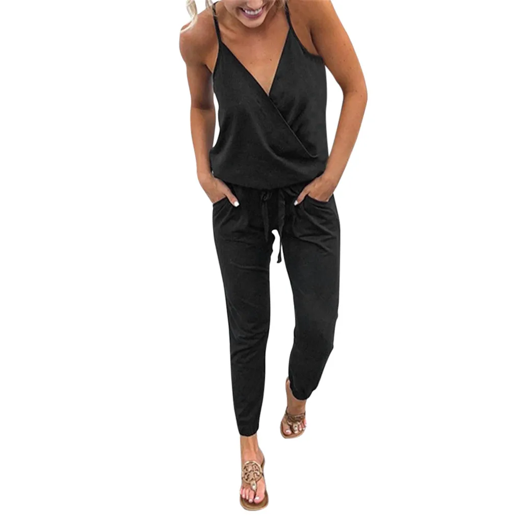 Женский комбинезон с карманами на бретельках v-вырезом без рукавов | Женская