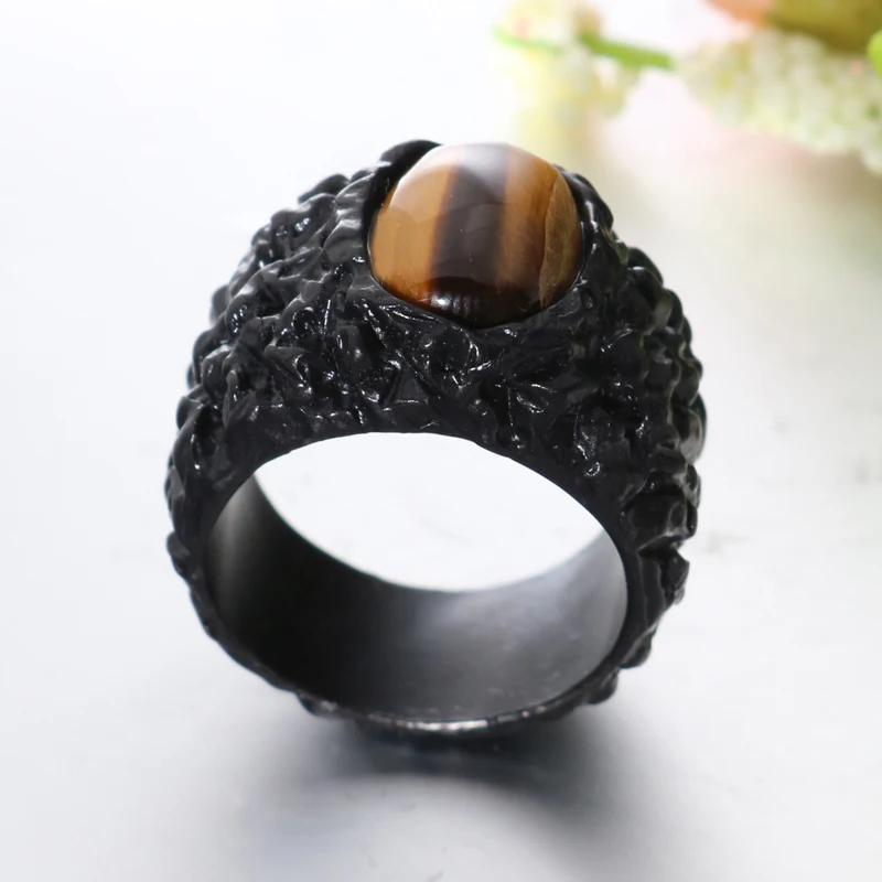 New black anti-black rock shape ring men's domineering personality fashion high quality jewelry crystal tiger eye stone wedding |