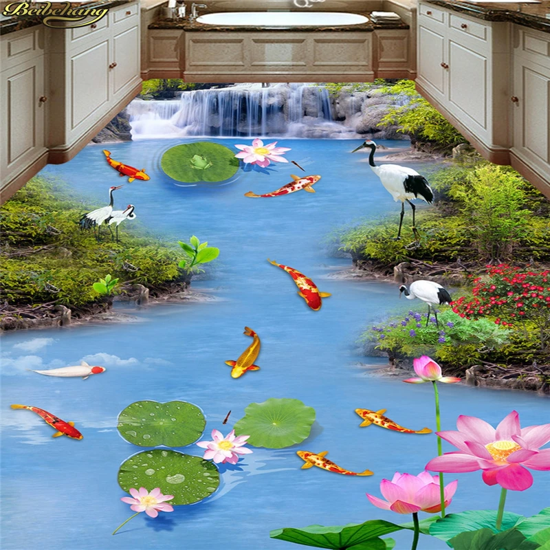 

beibehang Custom photo wallpaper floor painting paste water production nine fish map lotus carp 3D floor three-dimensional paint