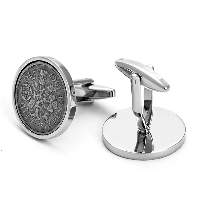 19/21mm  20/22mm  Sliver Color Brass Copper Alloy Cufflinks Mens Round Blank Cufflinks DIY For Six Penny Coin