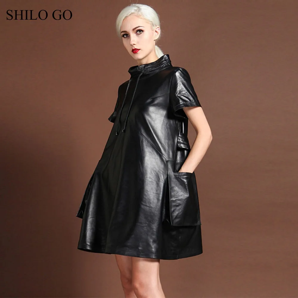 SHILO GO Leather Dress Womens Spring Fashion sheepskin genuine leather tie turtleneck collar short sleeve A Line dress | Женская одежда