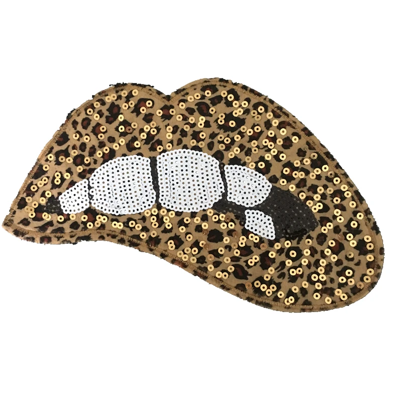 

New Arrival Large Leopard Lips Patches iron on Sequined Patches Clothes Decorated Accessory DIY Mouth Embroidered Applique