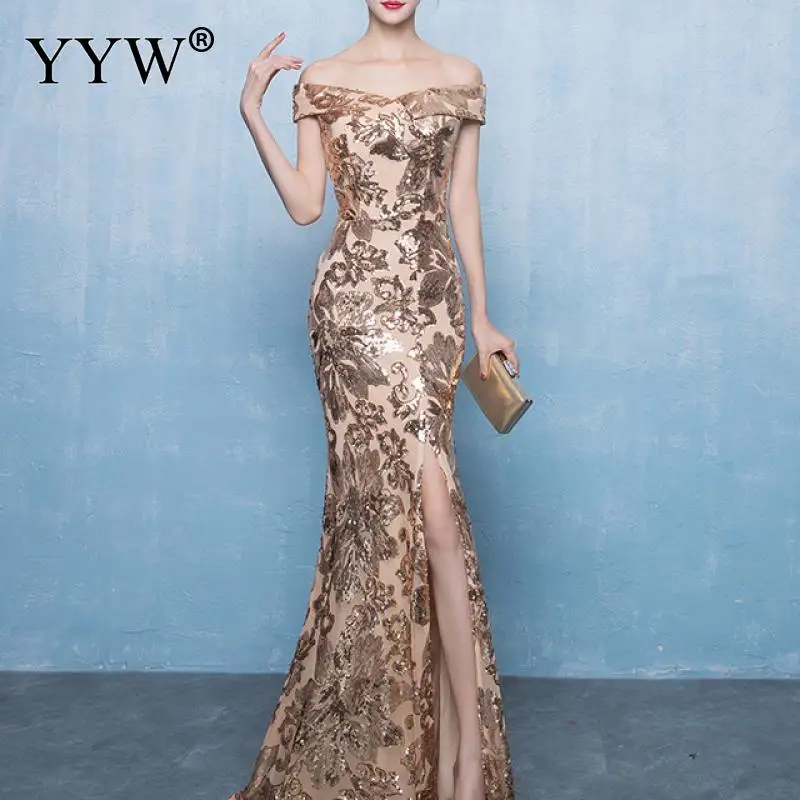 Сексуальное вечернее платье с открытыми плечами и блестками женское цветочное