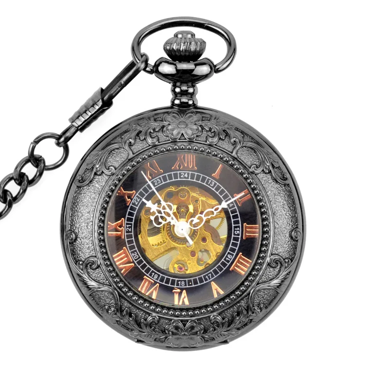 

Gun Black Skeleton Mechanical Hand Wind Pocket Fob Watches Clamshell Magnifier Men's Watch Women's Watch Pendant Necklace Gift