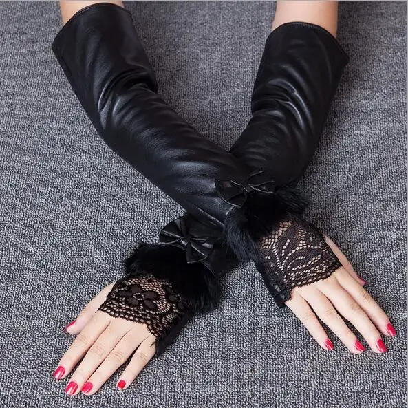 Ladies sheepskin gloves mittens autumn winter arm warmer real rex rabbit fur fingerless long women |