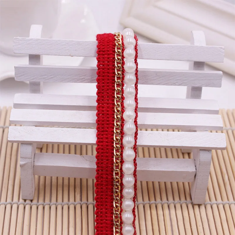 

Lace Ribbon Pearl Beaded Metal Chain Trim 20mm DIY Lace Webbing Handmade Sewing Curtains Garment Accessories BBXH-056