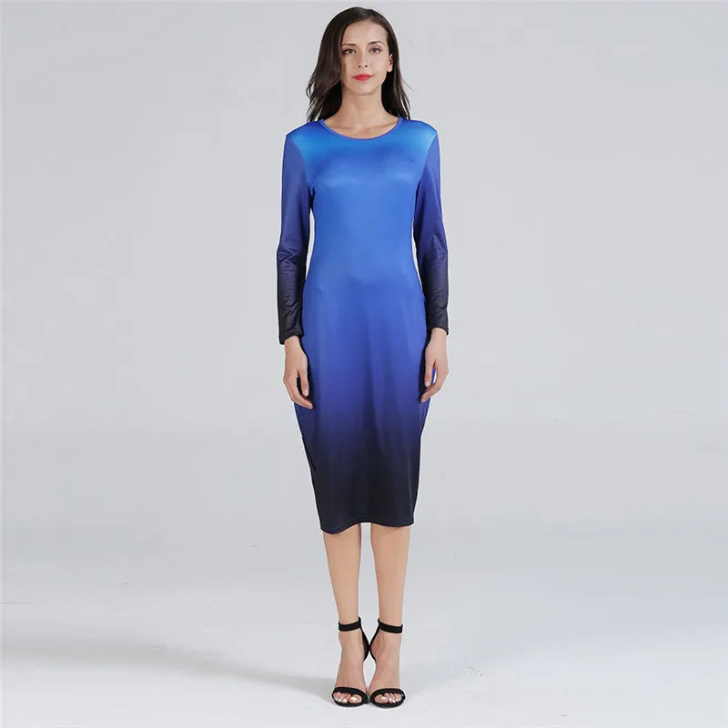 Женское базовое платье 2018 градиентное с О образным вырезом и длинным рукавом