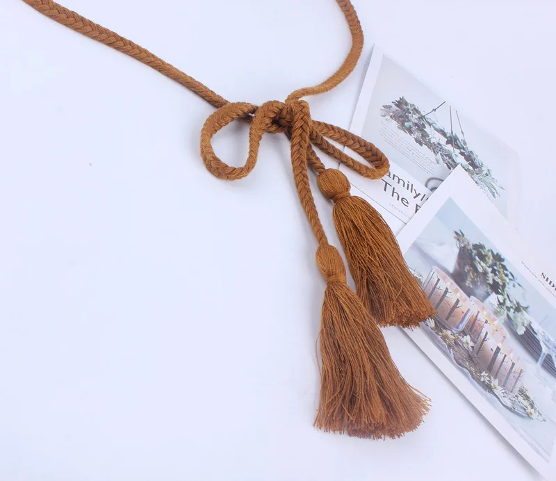 Модные женские кисточкой плетеный пояс cкручивание плетение волос Twist weaving вязаный пояс украшенный веревкой для платьев рубашка коричневый черный хлопок