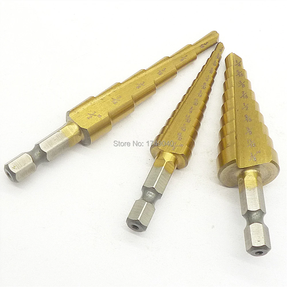Ступенчатое сверло HSS с титановым покрытием 3 шт. конусное 3/16 &quot 1/2&quot 1/4 3/4&quot 1/8