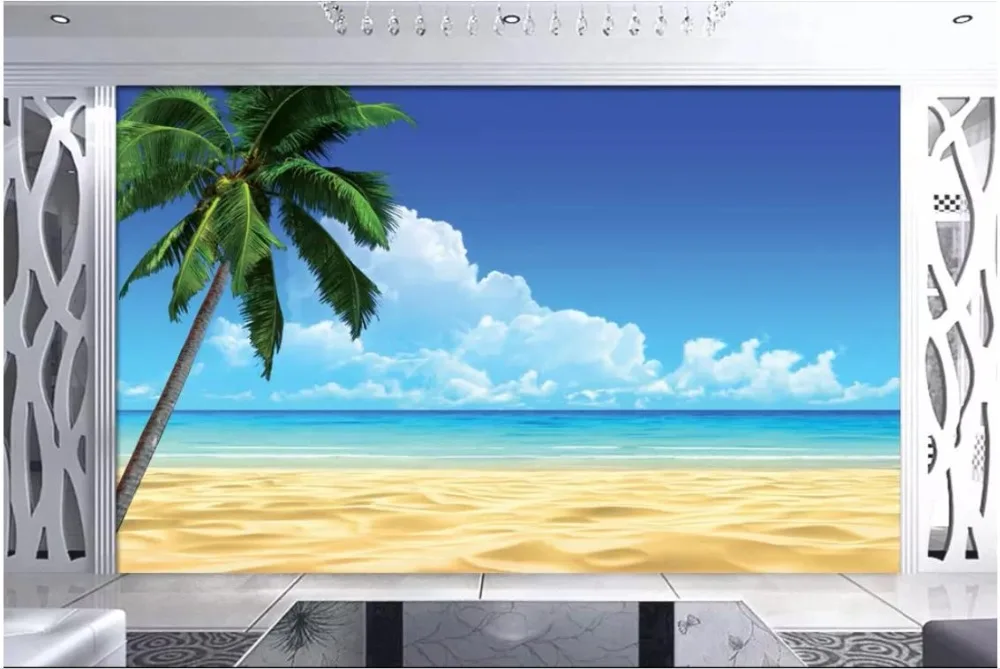 Фото Фотообои 3d для стен, с изображением голубого неба, белых облаков, морского пляжа, Морского Пейзажа №1