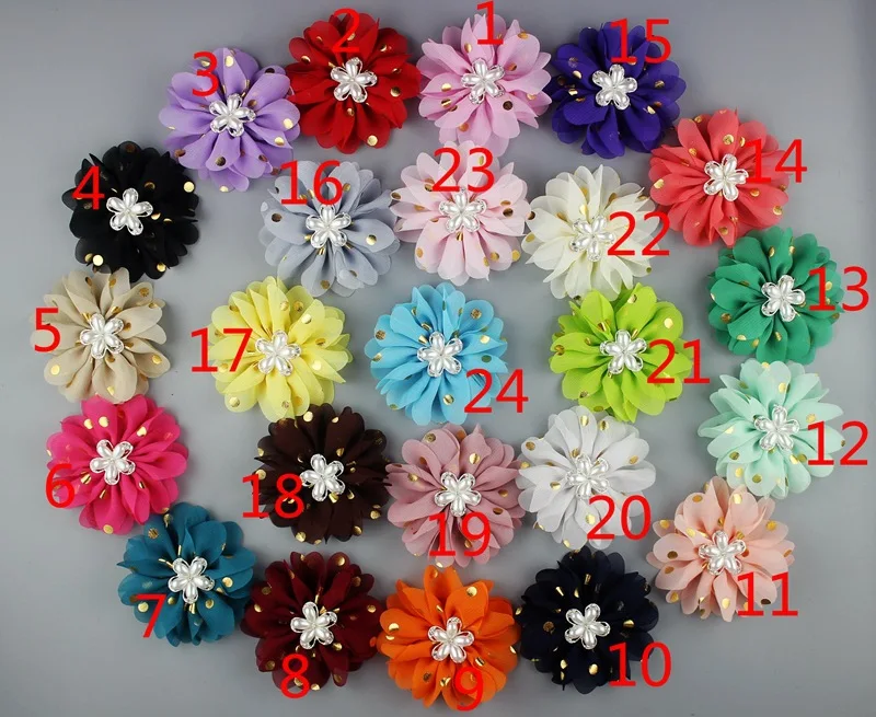 24 шт./лот цветок с оборками в виде лепестков жемчугом по центру цветы из шифоновой