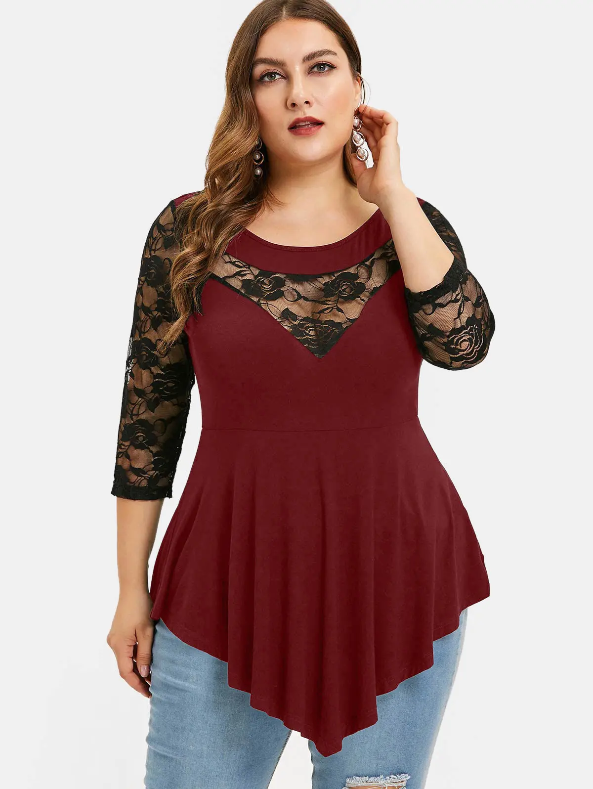 Женская Асимметричная футболка с кружевными вставками ROSEGAL размера плюс летние
