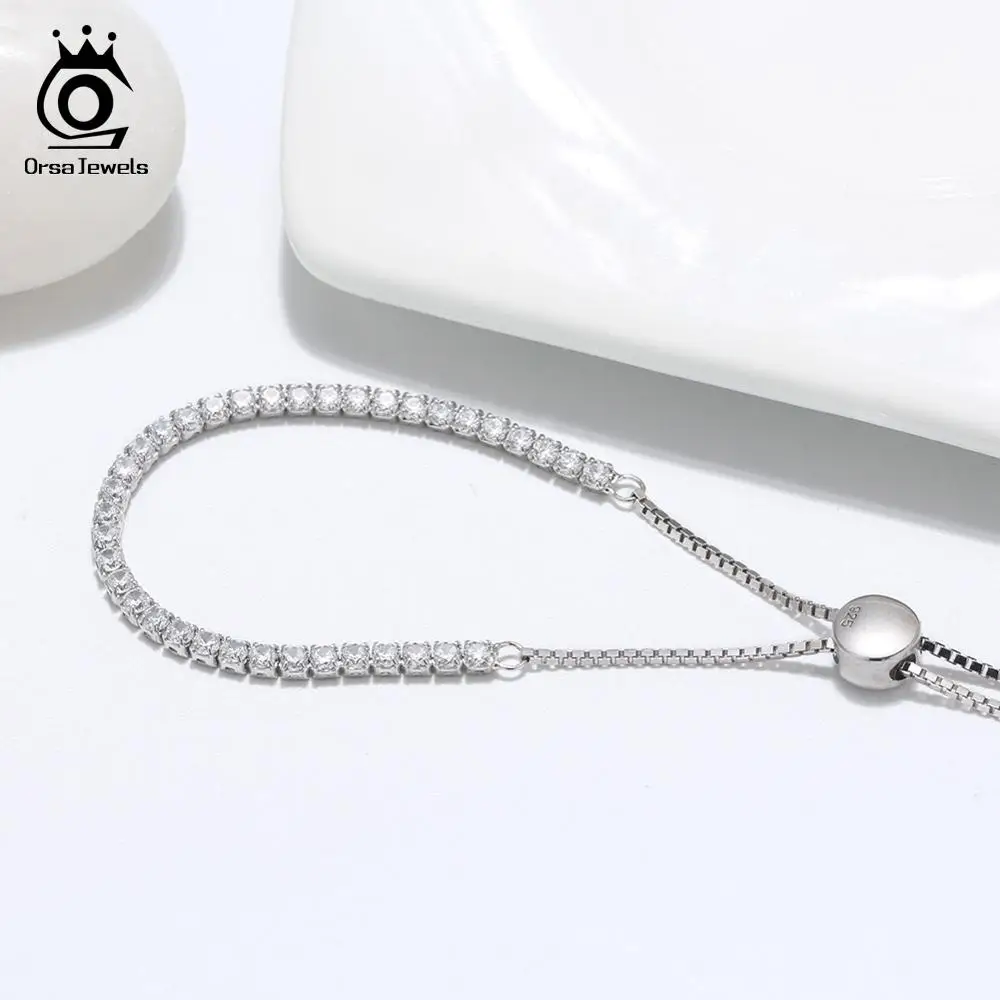 ORSA JEWELS настоящий 925 Регулируемый браслет с однорядным прозрачным CZ серебряной цепочкой для свиданий, ювелирное изделие SB43